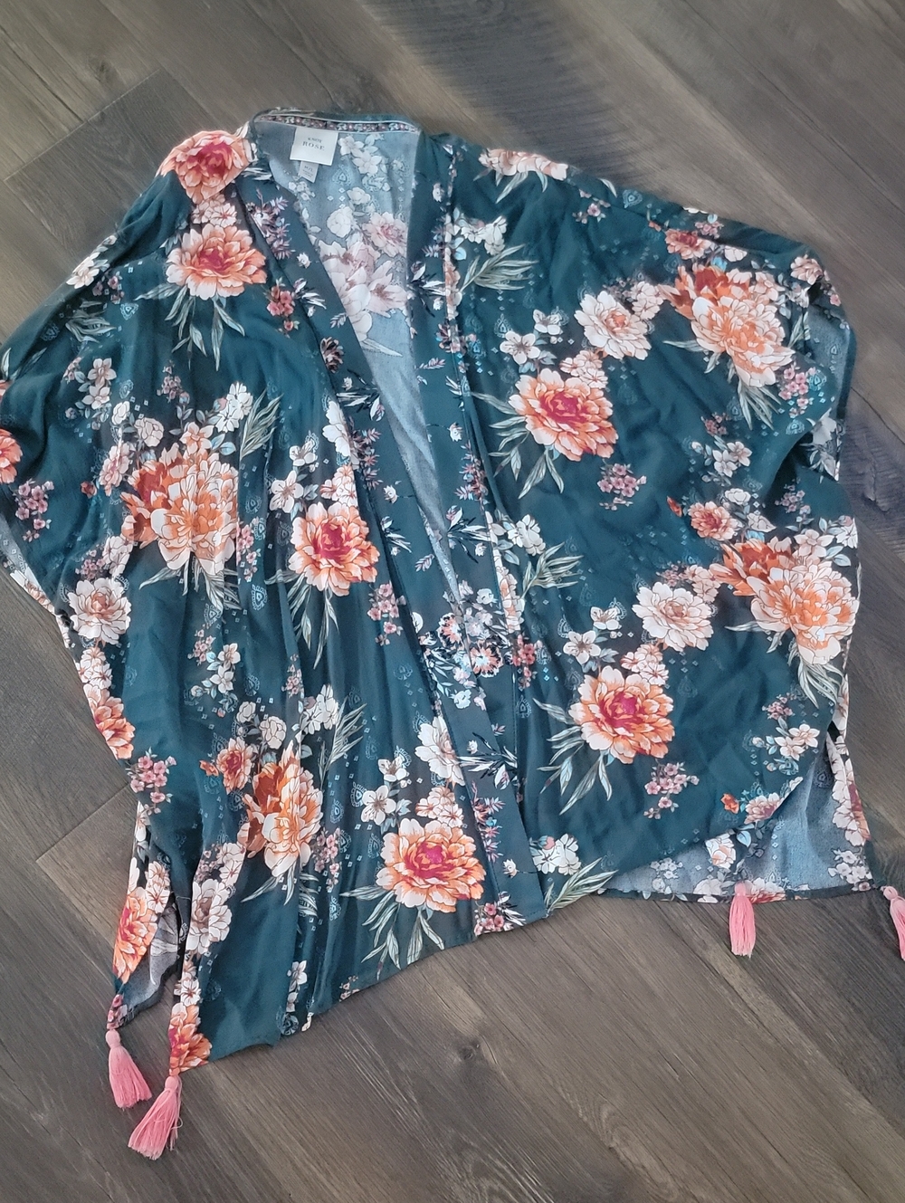 Knox Rose Teal Floral Kimono/Swim Cover Up with Pink Tassels